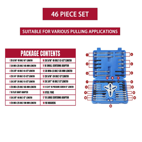 46Pcs Harmonic Balancer Puller Set With Steering Wheel Flywheel Crankshaft And Pulley Pullers Built Tough In Carbon Steel Blue Finish All In One Auto Tool Kit For Safe Easy Removal open case showing contents list