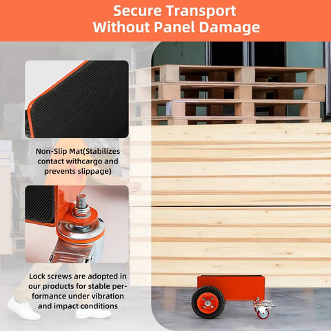 Heavy Duty Panel Dolly With Brake, 1200 Lbs Capacity, Four Wheel Slab Cart With 8 Inch Pneumatic Wheels next to stacked wood panels