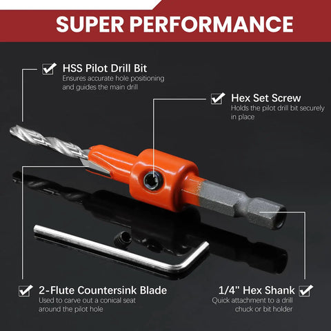 Must Have Pro Grade Countersink Drill Bit Set With Quarter Inch Hex Shank For Woodworking, shown with HSS pilot bit and hex key.