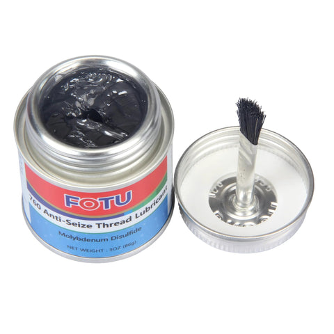 Front view of FOTU 3 oz molybdenum disulfide anti-seize grease tin opened with brush applicator.