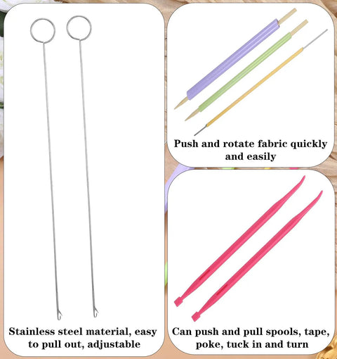 Ten Piece Tube Turner Sewing Tool Kit for Fabric Tubes and Loops showing stainless steel rods and colored turners