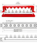 Heavy Duty 600A Battery Busbar 12 To 48V DC Power Distribution Block with dimensions and eight M10 terminals visible.