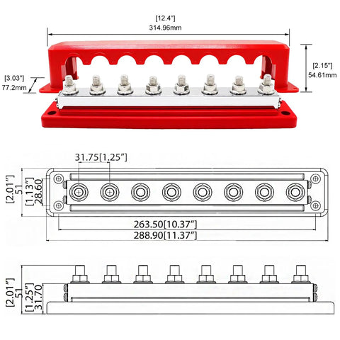 Heavy Duty 600A Battery Busbar 12 To 48V DC Power Distribution Block with dimensions and eight M10 terminals visible.