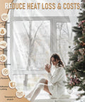 Easy DIY Window Insulation Kit For Winter with Christmas tree and cozy window scene, 42x62 in heat shrink film visible