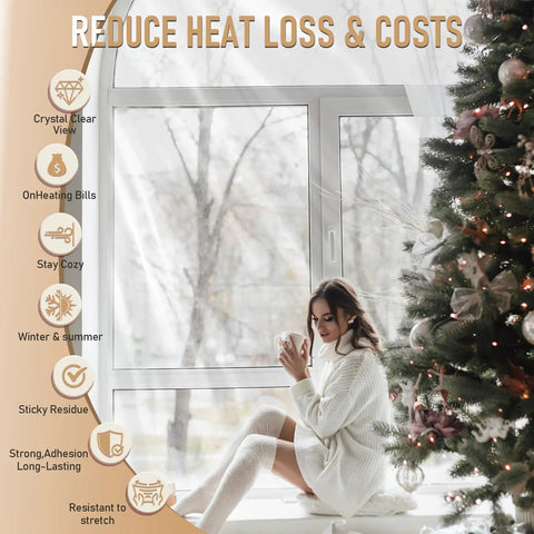 Easy DIY Window Insulation Kit For Winter with Christmas tree and cozy window scene, 42x62 in heat shrink film visible