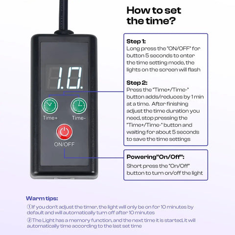 Timer control panel for 50W LED UV Screen Printing Light With 1 To 99 Minute Timer, displaying time setting instructions.