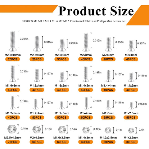 Product size chart for 1020Pcs Metric Micro Screws And Nuts Set Flat Countersunk Head Assortment M1 To M25 with varied lengths and hex nuts