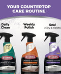 Three Weiman bottles: clean, polish, and seal for granite surfaces with a focus on Granite And Stone Sealer Spray Protects Kitchen Countertops Sinks Showers Vanities And Floors From Stains For Granite Quartz Marble Tile Limestone Slate Water Based 24 Ounce