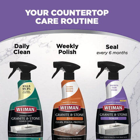 Three Weiman bottles: clean, polish, and seal for granite surfaces with a focus on Granite And Stone Sealer Spray Protects Kitchen Countertops Sinks Showers Vanities And Floors From Stains For Granite Quartz Marble Tile Limestone Slate Water Based 24 Ounce