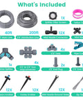 Effortless Plug-and-Play Drip Irrigation System components including 1/4 inch and 1/2 inch tubing, emitters, connectors, and fittings