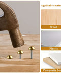 Hammer striking Top Shelf Solid Brass Tacks For Furniture Fixes Killer Retro Upholstery Nails on wood surface.