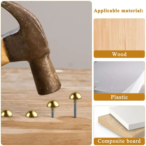 Hammer striking Top Shelf Solid Brass Tacks For Furniture Fixes Killer Retro Upholstery Nails on wood surface.