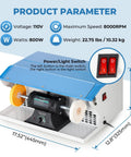 Heavy Duty 800W Jewelry Polishing Machine Features Bulletproof Iron Build And Wide Base For Zero Wiggle Smooth Operation And Rapid Stone Shine Up For Pros And Weekend Warriors with detailed product parameter display.