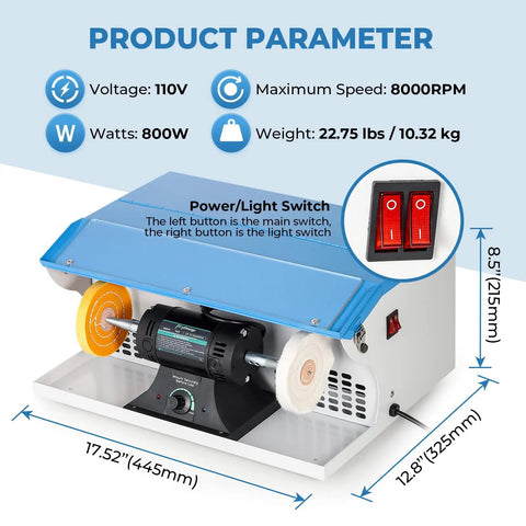 Heavy Duty 800W Jewelry Polishing Machine Features Bulletproof Iron Build And Wide Base For Zero Wiggle Smooth Operation And Rapid Stone Shine Up For Pros And Weekend Warriors with detailed product parameter display.