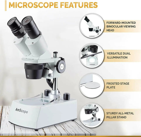 Forward Mounted Binocular Stereo Microscope With 20X 40X 80X Magnification, Dual LED Lighting, Widefield Optics, All Metal Stand, Rugged Pro Grade Build For Tiny Electronics Parts Inspection, Delicate Assembly, And Hobby Projects, with frosted stage plate