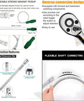 Features of Go To 1/4 Inch Ratchet Socket Set 20 Piece With Extension Bar And Magnetic Pickup Tool, showing bendable rod and ratchet detail.