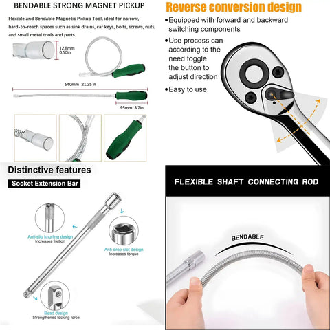 Features of Go To 1/4 Inch Ratchet Socket Set 20 Piece With Extension Bar And Magnetic Pickup Tool, showing bendable rod and ratchet detail.