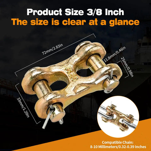 Tough As Nails 3/8 Inch Twin Clevis Link Pack Of 2 Forged From G70 Alloy Steel With Rust Resistant Zinc Coating For No Fuss Auto Towing And Ranch Rigging Work Rated For 6600 Lbs Working Limit; product size and dimensions clearly shown.