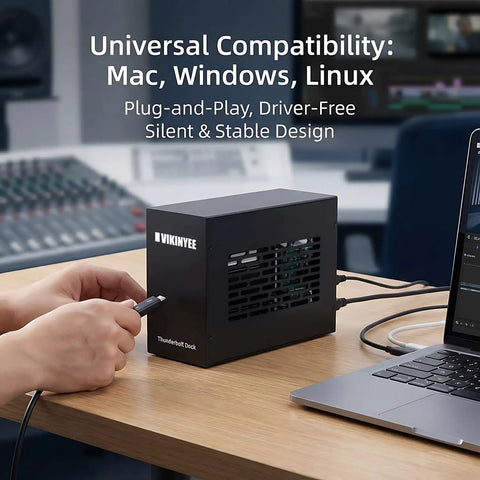 Dual Thunderbolt 4 To PCIe 3.0 X16 Expansion Chassis For Laptop And Desktop With 40gbps Throughput Plug And Play Beast connected to a laptop.