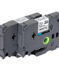 Two Pack Half Inch By Twenty Six Feet Laminated Label Tape Black On White showing gray cassettes for durable warehouse labeling.