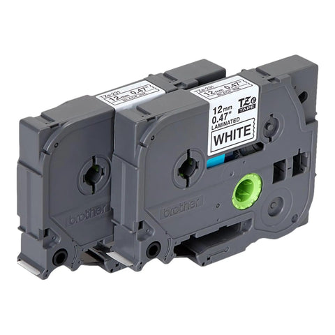 Two Pack Half Inch By Twenty Six Feet Laminated Label Tape Black On White showing gray cassettes for durable warehouse labeling.