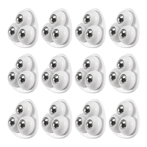 No Sweat Self Adhesive Mini Caster Wheels Pack Of Twelve white polymer mounts with ball tracks for smooth rolling on small appliances.