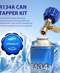 4 Pack R134a Can Tap Kit With Self Sealing And Puncture Taps, blue valve attached to refrigerant can, snowy mountain backdrop