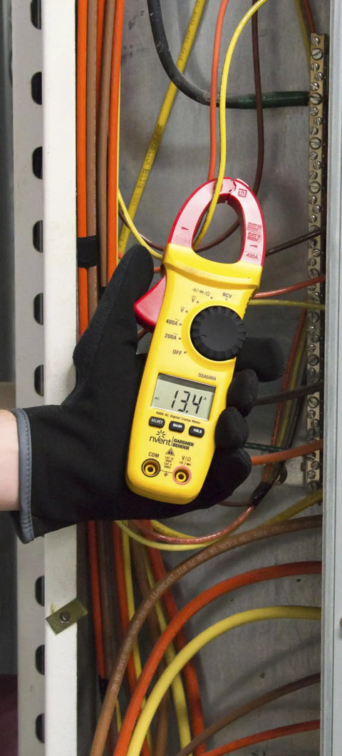 Pro Grade Digital Snap Around Clamp Meter With 5 Functions And 9 Range For Quick Voltage Testing, Measures 400 600V AC DC, Resistance And Continuity, Data Hold, Auto Power Off, Includes Case, Yellow Compact Tool on wiring panel