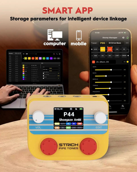Pocket Desktop Multi Effects Processor For Guitar And Bass With Foot Pedal 125 Effects 10 Simultaneous Modules and app interface visible