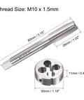 Steel M10 x 1.5 left hand tap and die set for rethreading damaged threads, includes round threading die and tap.