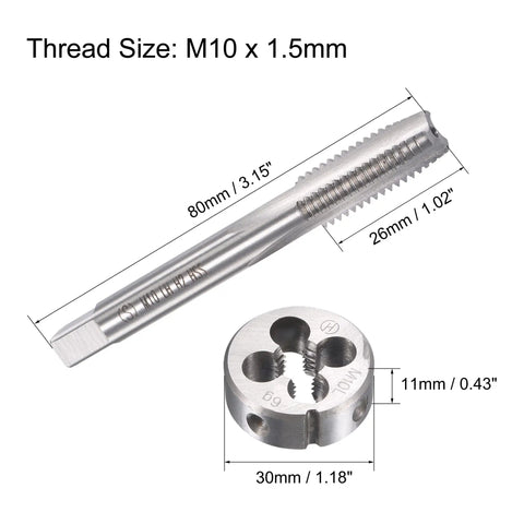 Steel M10 x 1.5 left hand tap and die set for rethreading damaged threads, includes round threading die and tap.