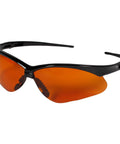 Top Tier Daily Grind Gear Heavy Duty Safety Glasses Featuring Copper Blue Shield Lenses Styled With Durable Black Frames angled view with orange lenses.