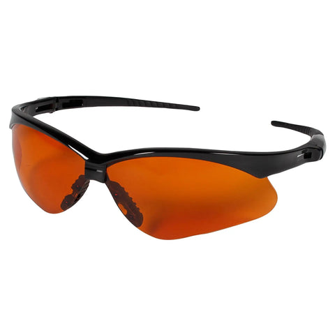 Top Tier Daily Grind Gear Heavy Duty Safety Glasses Featuring Copper Blue Shield Lenses Styled With Durable Black Frames angled view with orange lenses.