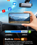 4K Front Dash Cam With 5G WiFi And 64GB Card Included showing live footage on smartphone with 5GHz WiFi speed.