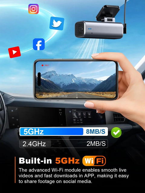 4K Front Dash Cam With 5G WiFi And 64GB Card Included showing live footage on smartphone with 5GHz WiFi speed.
