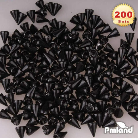 Premium Rugged Top Shelf Badass Black Screwback Cone Spike Studs For Leather Boots And Workwear And 200 Set Heavy Duty Zinc Alloy Hardware For Custom Clothing And Crafts, black zinc alloy spikes.