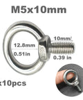 Rock Solid M5 Eyebolts With Nuts And Washers 10 Pack is a shiny 304 stainless steel shoulder ring bolt, 12.8mm, with detailed measurements.