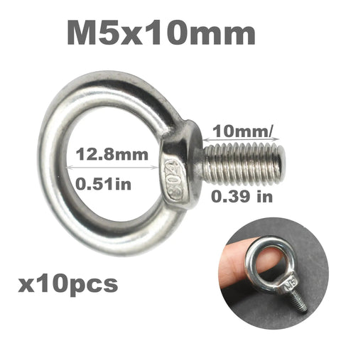 Rock Solid M5 Eyebolts With Nuts And Washers 10 Pack is a shiny 304 stainless steel shoulder ring bolt, 12.8mm, with detailed measurements.