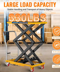 Heavy Duty Hydraulic Lift Table Cart 330 Lbs Dual Scissor Hoist thick powder coated steel with handle and smooth rolling casters.