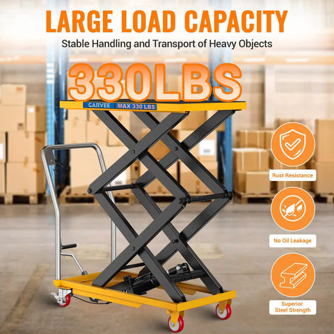 Heavy Duty Hydraulic Lift Table Cart 330 Lbs Dual Scissor Hoist thick powder coated steel with handle and smooth rolling casters.