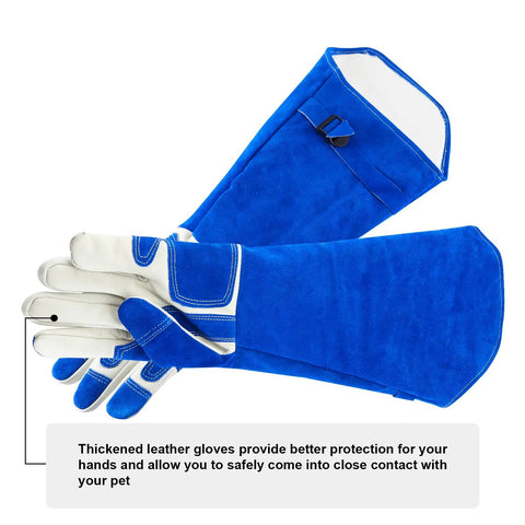 Ultra Tough Bite Proof Animal Handling Gloves with Reinforced Leather and Kevlar, blue gloves with long sleeves, pet protection