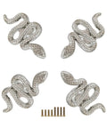 Snake Shaped Cabinet Knob Set 4 Pcs In Zinc Alloy Silver Finish Slick Serpent Drawer Pulls displayed with 8 screws included