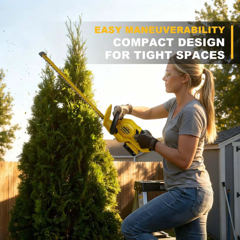 Person using 22 Inch Cordless Hedge Trimmer Compatible With Dewalt 20V Max Battery Lightweight Yet Powerful Bad Boy For Quick Clean Edges On Lawns And Shrubs Battery And Charger Not Included on tall shrub