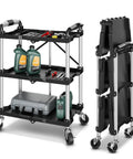 Heavy Duty 3 Tier Folding Utility Cart With Locking Wheels displaying tools, oils, and folded view