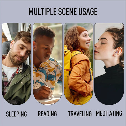 Ultra Soft Sleep Ear Plugs 2 Pairs With 32 dB And 30 dB Noise Reduction Cushioned Silicone Mold For Side Sleepers images in various use cases like sleeping, reading, traveling, and meditating