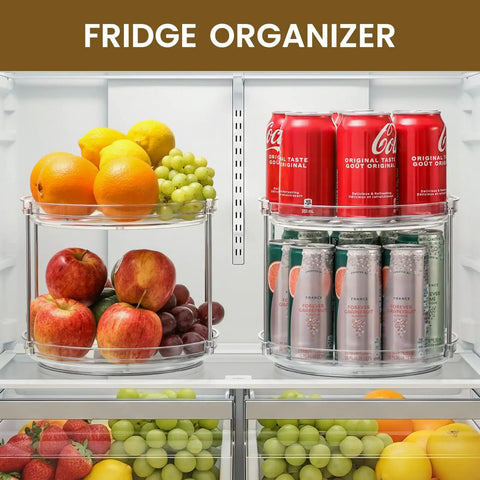 Two Tier Non Skid Acrylic Lazy Susan Turntable Organizer in fridge with fruit and drink cans