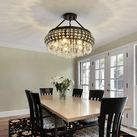 5 Light Black Crystal Round Chandelier Chic Modern Semi Flush Mount Ceiling Light Fixture in a dining room setting