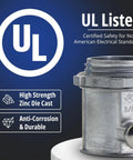 Built Tough 3/4 Inch Emt Set Screw Connector Heavy Gauge Zinc Die Cast showing UL listing and features on a dark background.