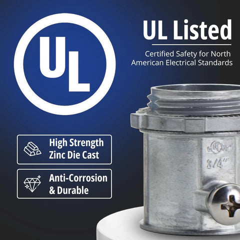 Built Tough 3/4 Inch Emt Set Screw Connector Heavy Gauge Zinc Die Cast showing UL listing and features on a dark background.