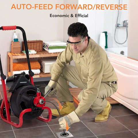 Person using 100Ft Electric Drain Cleaner Machine With Auto Feed Direction Control Sewer Snake for clogged drain.